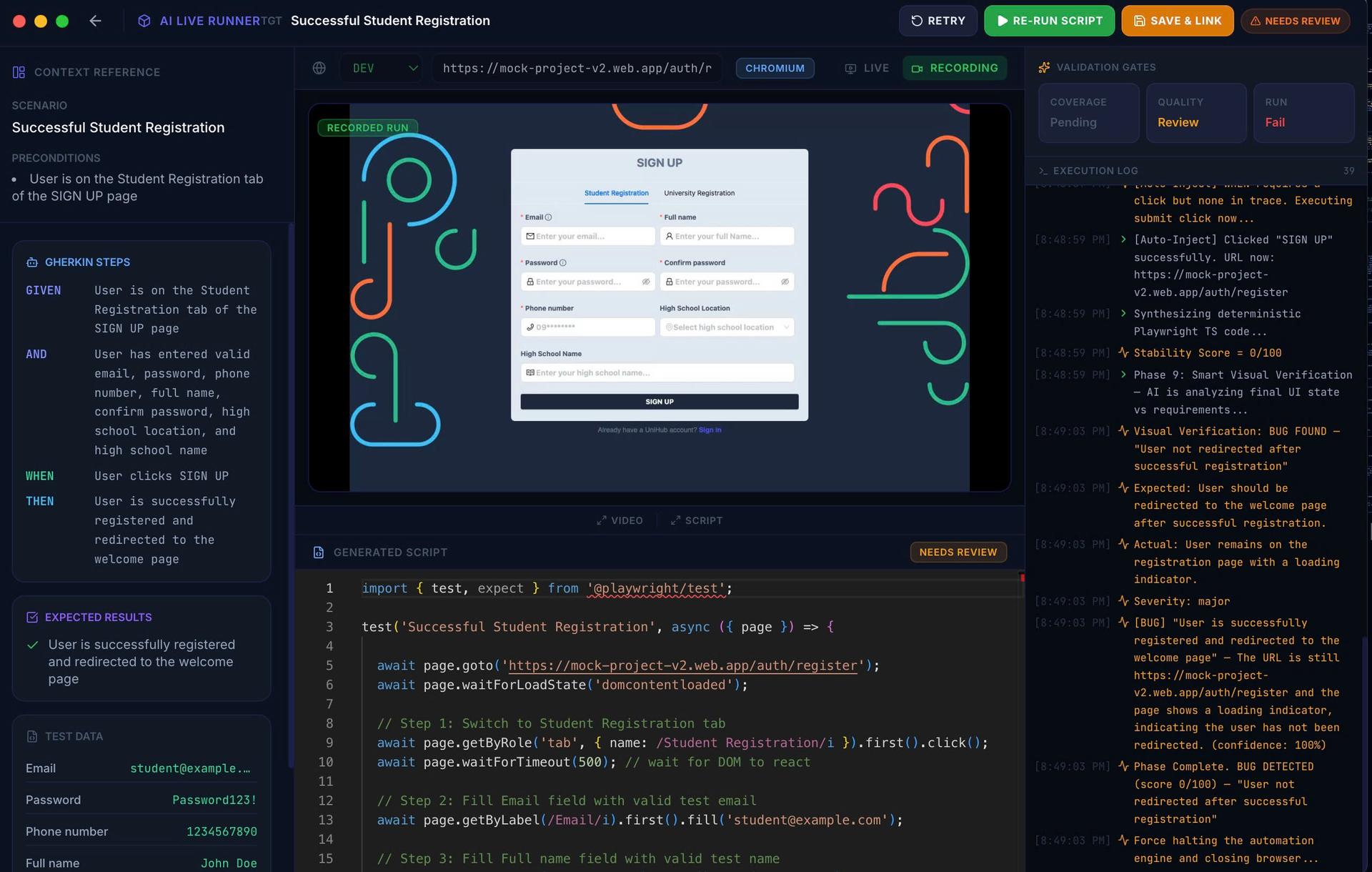 AI Live Runner — Real-time browser execution with Playwright code generation, validation gates, and visual verification