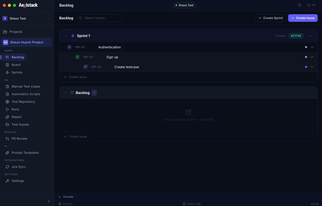 Aegistack Backlog — Jira-style backlog management with sprint tracking