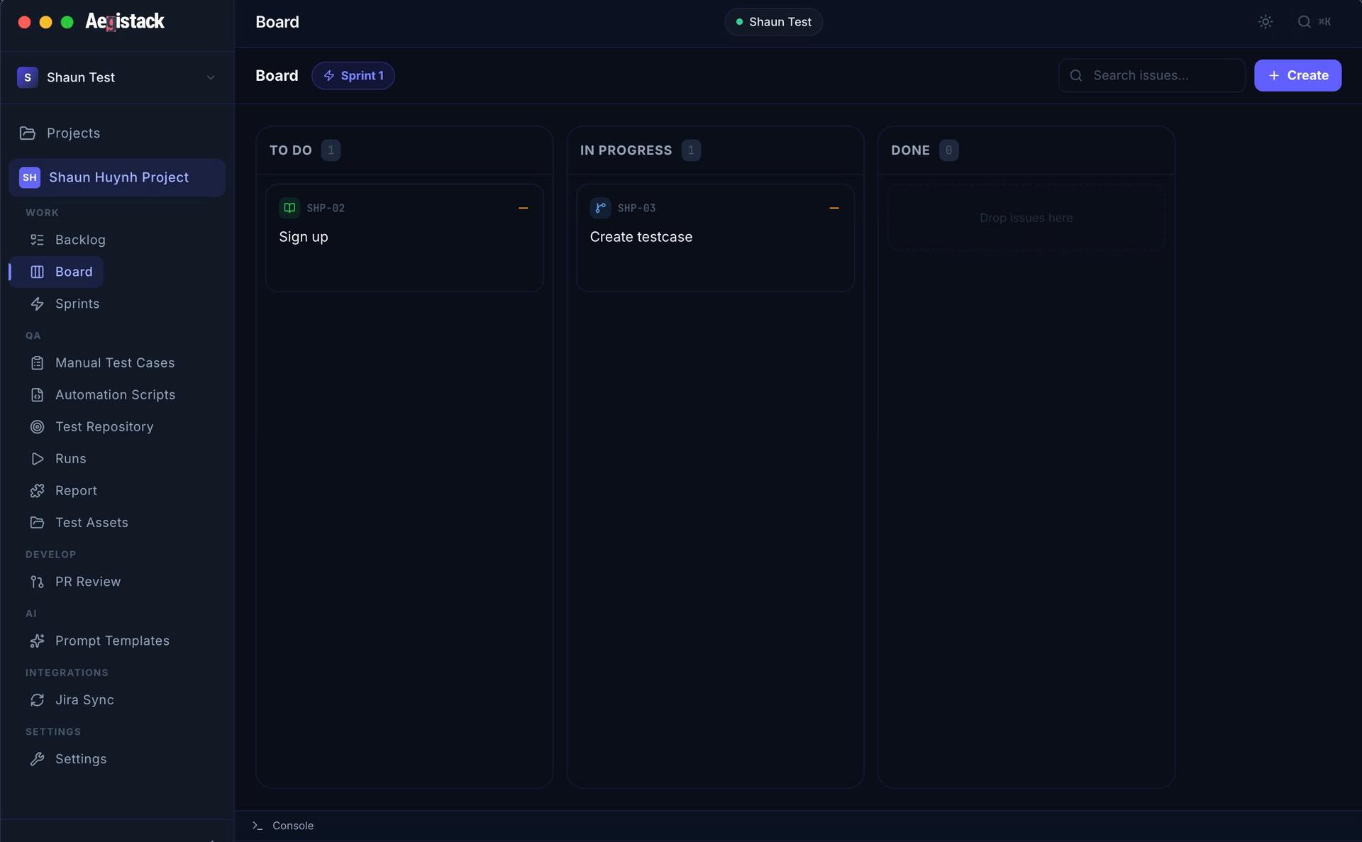 Board View — Sprint-based kanban board with drag-and-drop QA project management