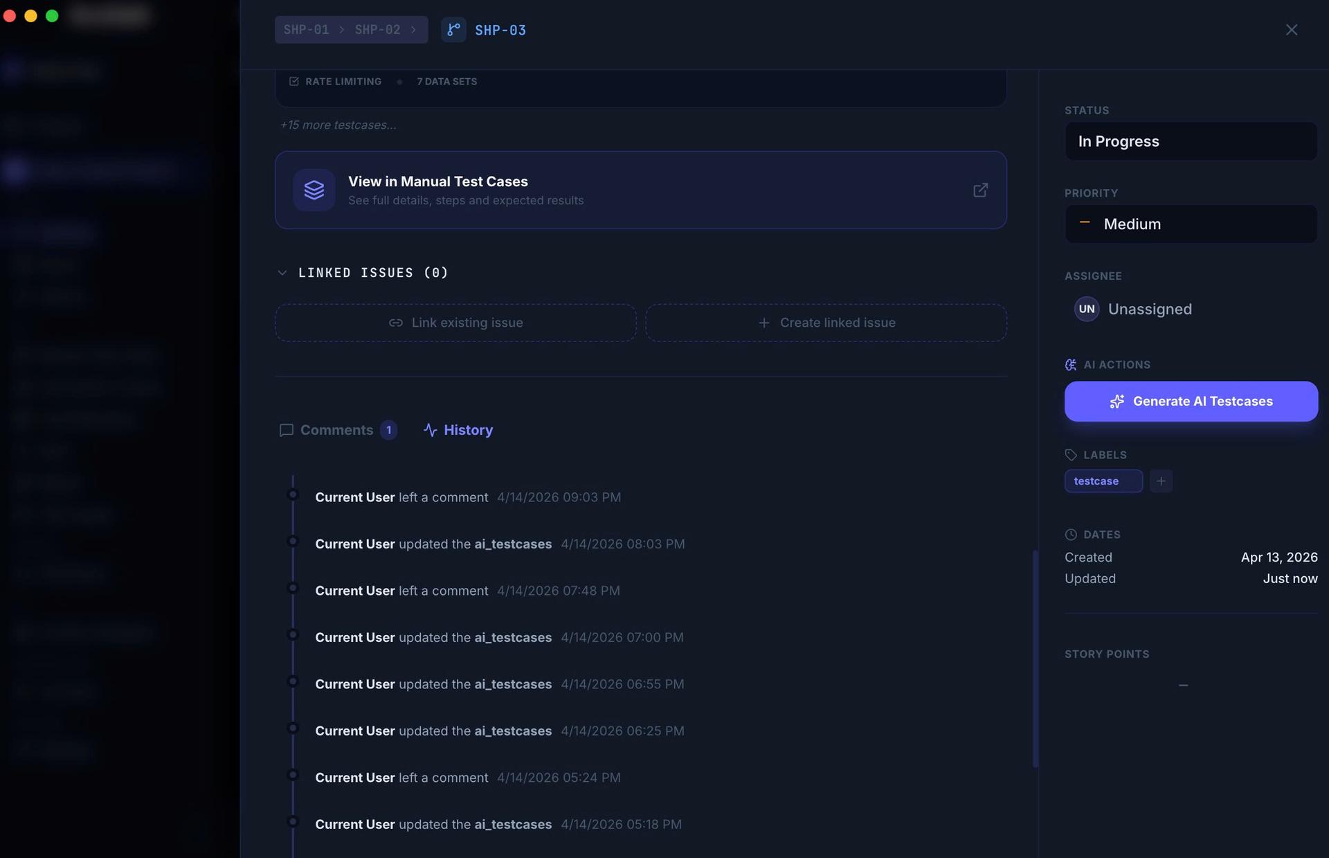 Issue Detail — Linked issues, comments, history, labels, AI actions, and story points
