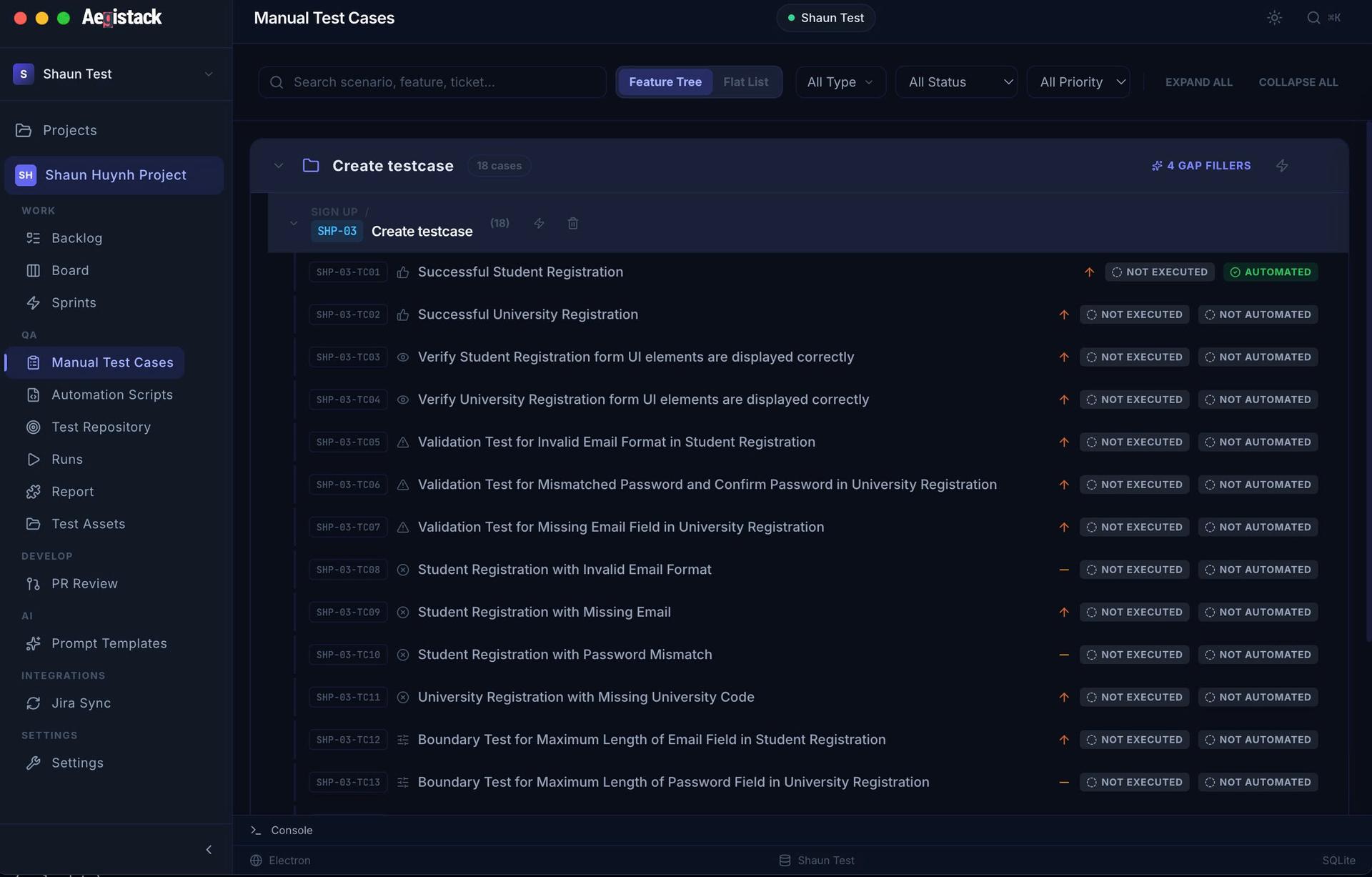 AI Manual Testcase Generation — Feature tree with structured test cases, execution status, and gap analysis