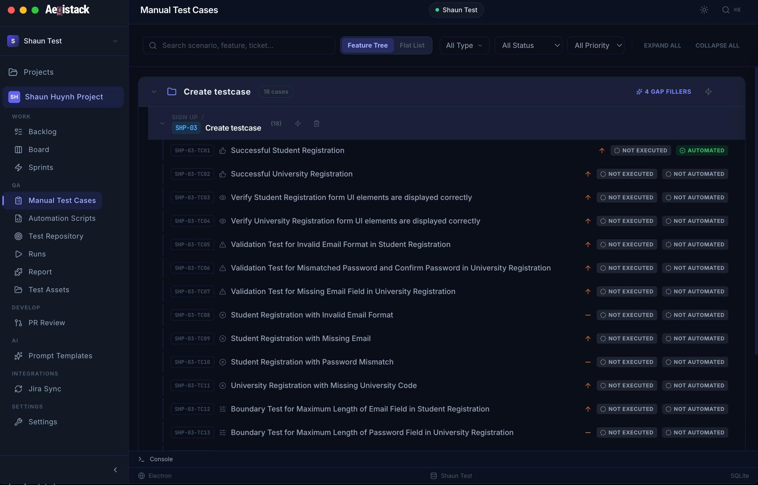 Aegistack Manual Test Cases — AI-generated test cases with feature tree, execution status, and automation tracking