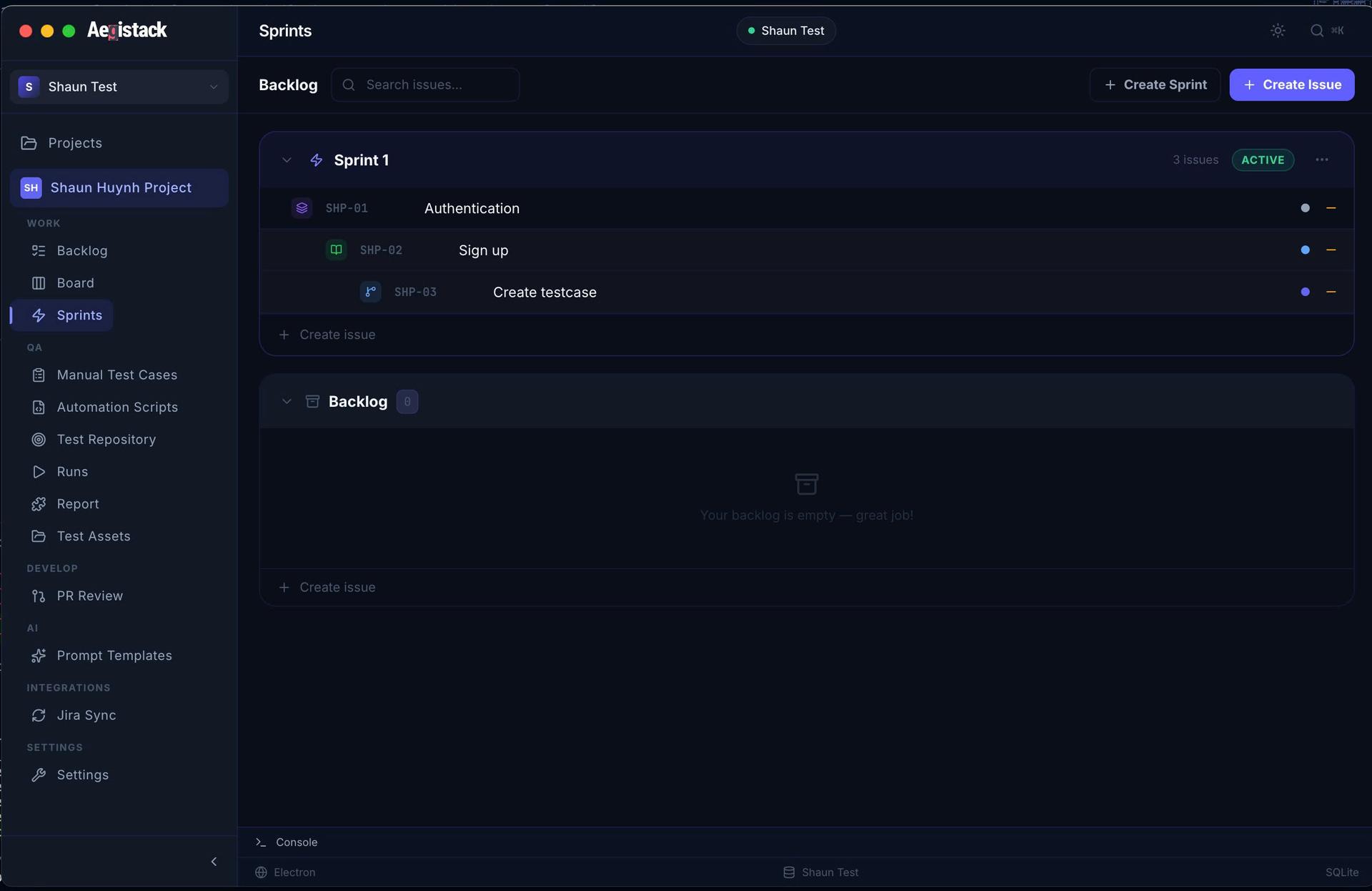 Aegistack Sprints — Sprint management with backlog, active sprints, and issue tracking for QA teams