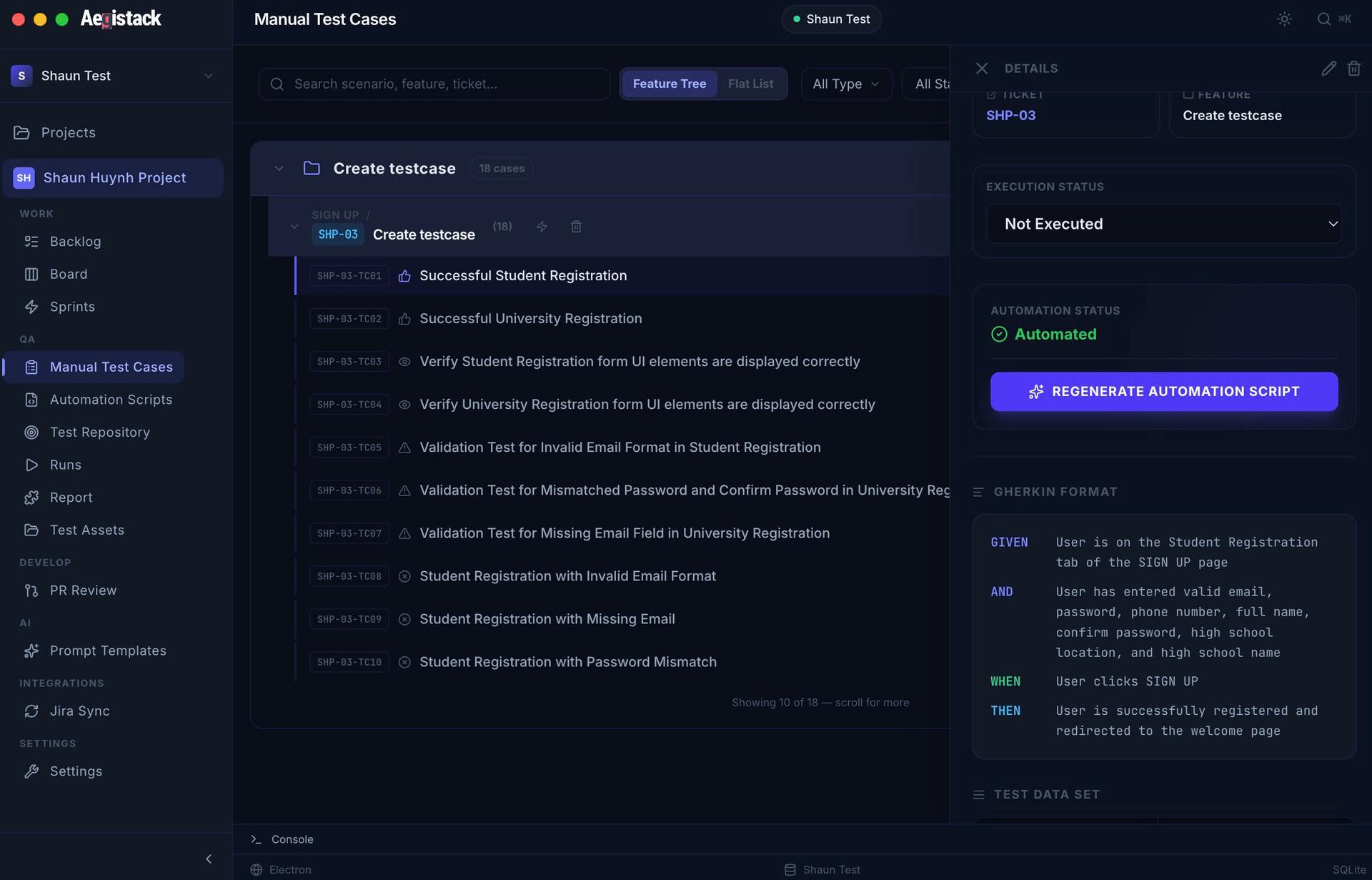 Test Case Detail — Gherkin format, automation status, and script regeneration with AI